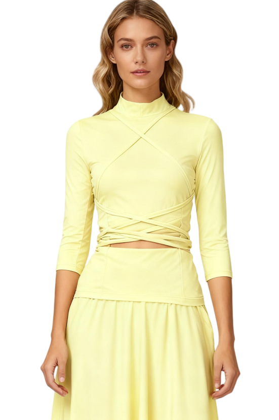 High Neck Three-Quarter Sleeve Cross-Wrap Yoga Crop Top